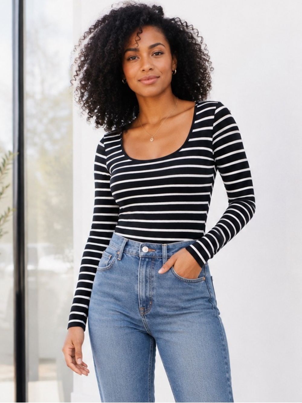 🔹 Madewell Black White Striped Bodysuit Top – Size M